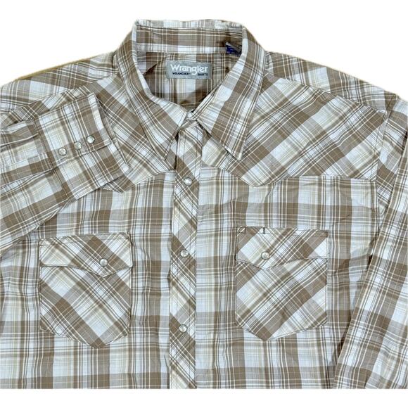 Wrangler Rancher Plaid Pearl Snap Shirt Beige & White Western Blend Mens XXL - Picture 1 of 10